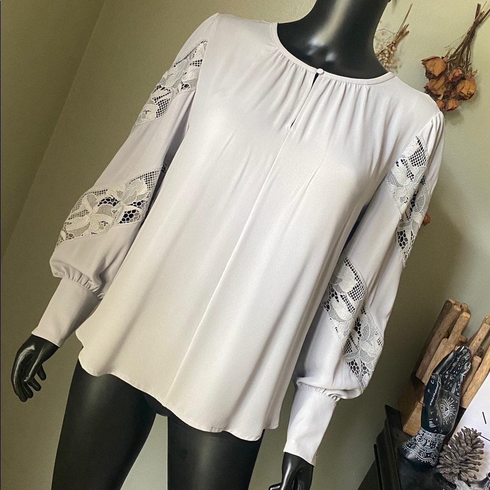 Ann Taylor Elegant Gray Blouse with Lace Sleeves